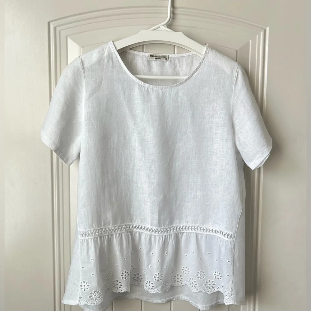 Terzo Millennio Italian Linen Blouse 100% Linen White Eyelet Hem L - Picture 2 of 10